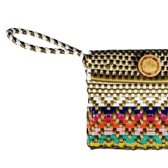 Maria Victoria Sweet Carlota Wristlet Diamond Pattern Gold Colorful Artsy Boho - Picture 3 of 9